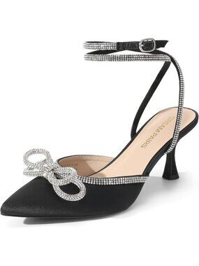 DREAM PAIRS Women's Black Kitten Heels Rhinestone Bow Ankle Strap Pointed Toe